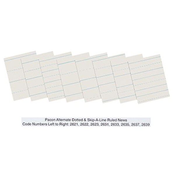 Pacon Corporation Ruled practice paper. Clean white newsprint has light blue ruling on both sides. Dotted midline serv PAC2635 - main